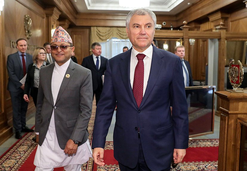 Chairman of the State Duma Vyacheslav Volodin and Chairman of the National Assembly of the Federal Parliament of Nepal Ganesh Prasad Timilsina