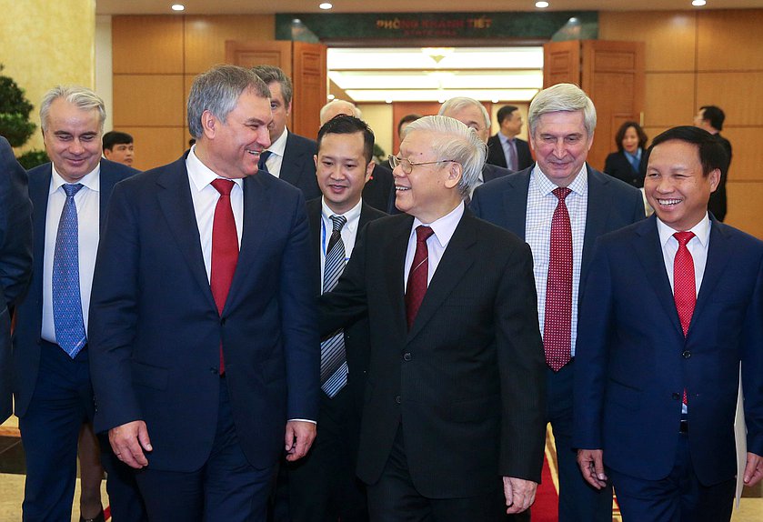 Chairman of the State Duma Committee on Energy Pavel Zavalnyi, Chairman of the State Duma Viacheslav Volodin, General Secretary of the Central Committee of the Communist Party of Vietnam, President of the Socialist Republic of Vietnam Nguyễn Phú Trọng, First Deputy Chairman of the State Duma Ivan Melnikov