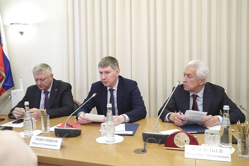 Член Комитета по государственному строительству и законодательству Дмитрий Вяткин, Министр экономического развития РФ Максим Решетников и руководитель фракции «Единая Россия» Владимир Васильев