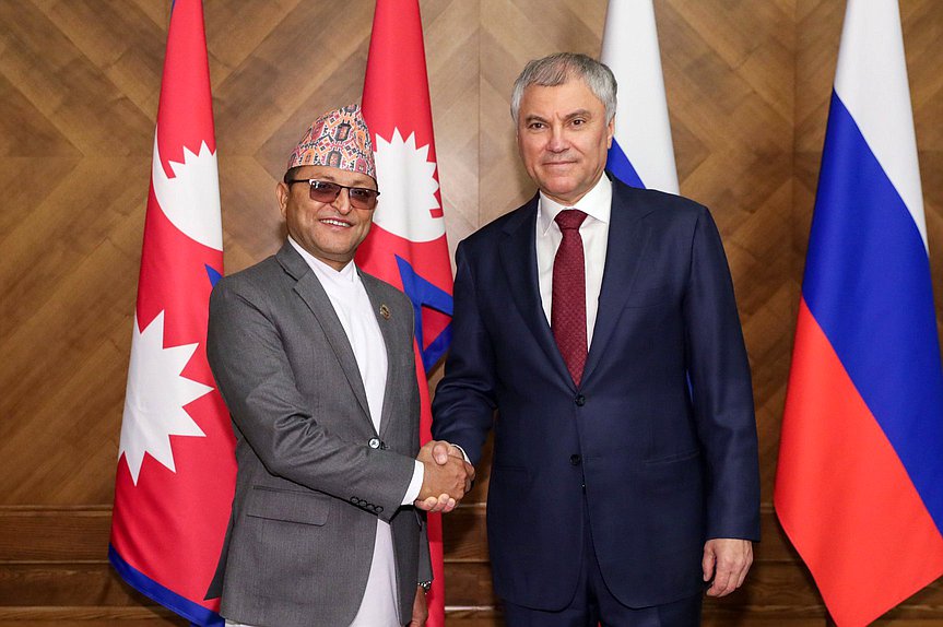 Chairman of the State Duma Vyacheslav Volodin and Chairman of the National Assembly of the Federal Parliament of Nepal Ganesh Prasad Timilsina