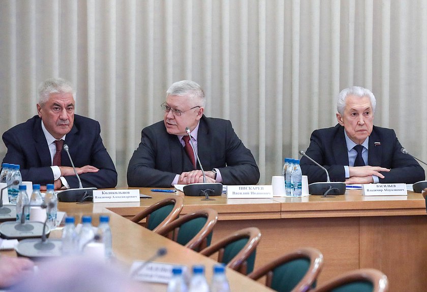 Министр внутренних дел РФ Владимир Колокольцев, Председатель Комитета по безопасности и противодействию коррупции Василий Пискарев и руководитель фракции "Единая Россия" Владимир Васильев