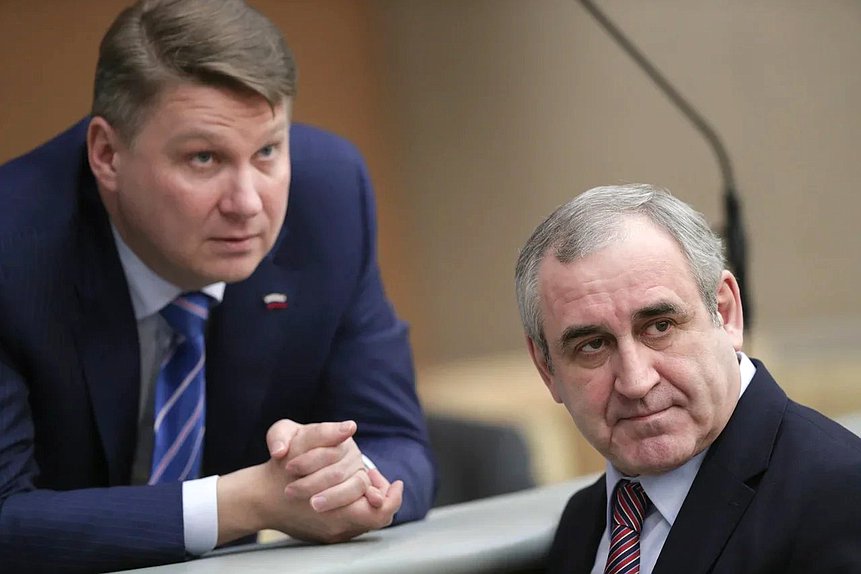 Полномочный представитель Правительства РФ в Государственной Думе Александр Синенко и заместитель Председателя Государственной Думы Сергей Неверов