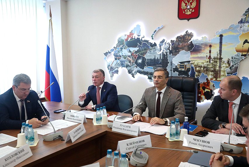 Первый заместитель Председателя Комитета по контролю Дмитрий Ламейкин, Председатель Комитета по экономической политике Максим Топилин, Председатель Комитета по промышленности и торговле Владимир Гутенев и Директор Департамента международной кооперации и лицензирования в сфере внешней торговли Министерства промышленности и торговли РФ Роман Чекушов
