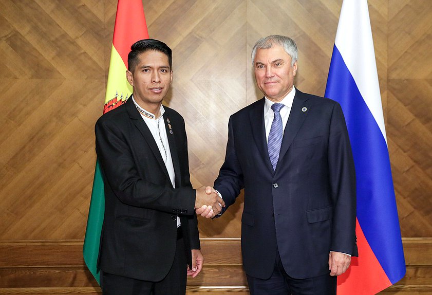 El Jefe de la Duma Estatal, Vyacheslav Volodin, y el Presidente de la Cámara de Senadores de la Asamblea Legislativa Plurinacional del Estado Plurinacional de Bolivia, Andrónico Rodriguez Ledezma