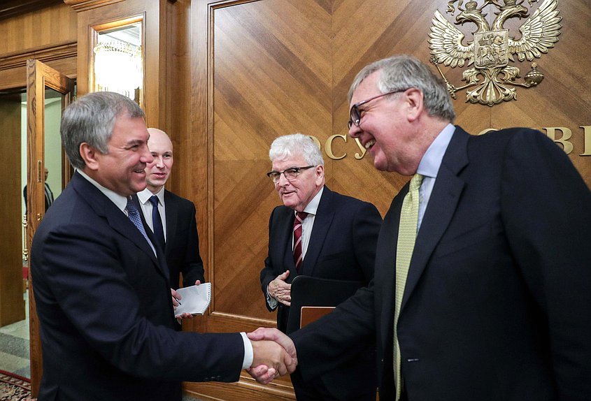 Chairman of the State Duma Viacheslav Volodin and members of House of Lords of the Parliament of the United Kingdom of Great Britain and Northern Ireland, The Viscount Waverley and The Rt Hon. the Lord Browne of Ladyton