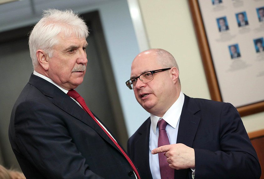 Первый заместитель Председателя Комитета по международным делам Алексей Чепа и Председатель Комитета по вопросам собственности, земельным и имущественным отношениям Сергей Гаврилов