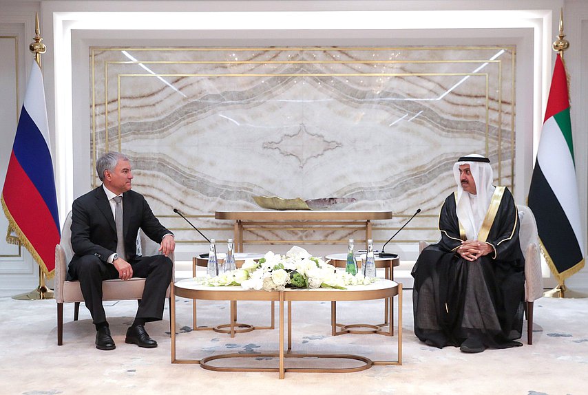 El Jefe de la Duma Estatal, Vyacheslav Volodin, y el Jefe del Consejo Nacional Federal de los Emiratos Árabes Unidos, Saqr Gobbas