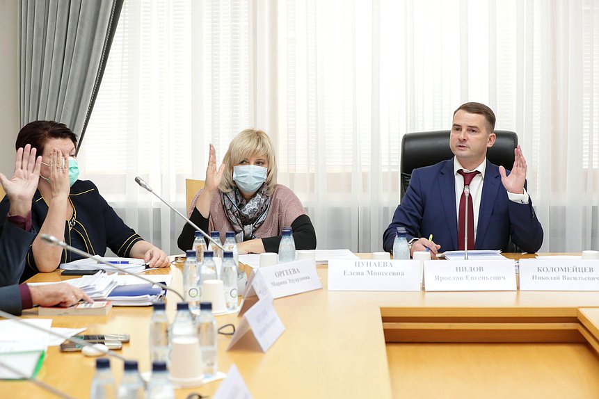 Председатель Комитета по труду, социальной политике и делам ветеранов Ярослав Нилов, Первый заместитель Председателя Комитета Елена Цунаева и заместитель Председателя Комитета Марина Оргеева