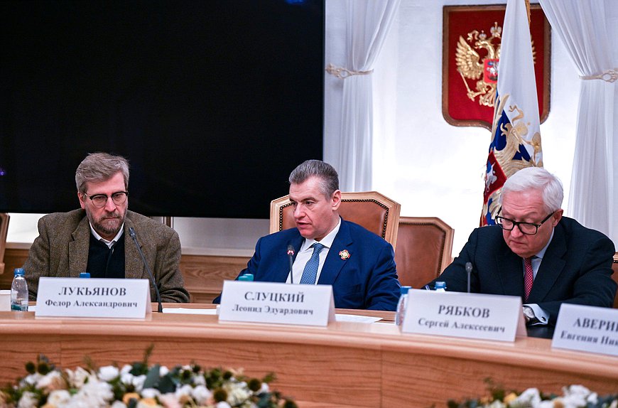 Political expert Fyodor Lukyanov, leader of the LDPR faction Leonid Slutsky and Deputy Minister of Foreign Affairs of the Russian Federation Sergey Ryabkov