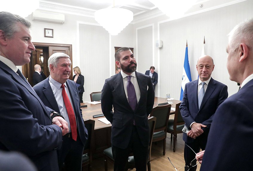 Leader of the LDPR faction Leonid Slutsky, First Deputy Chairman of the State Duma Ivan Melnikov, Special Representative of the President of Nicaragua for Russian Affairs Laureano Facundo Ortega Murillo and Deputy Chairman of the State Duma Alexander Babakov