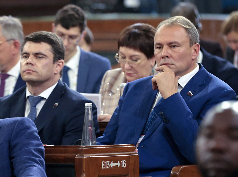 Chairman of the Committee on Information Policy, Information Technologies and Communications Sergey Boyarsky and Chairman of the Committee on International Affairs Petr Tolstoy. The 12th International BRICS Parliamentary Forum