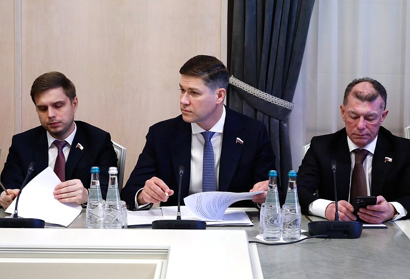 Первый заместитель Председателя Комитета по информационной политике, информационным технологиям и связи Антон Ткачев, заместитель Председателя Комитета по экономической политике Сергей Алтухов и Председатель Комитета по экономической политике Максим Топилин