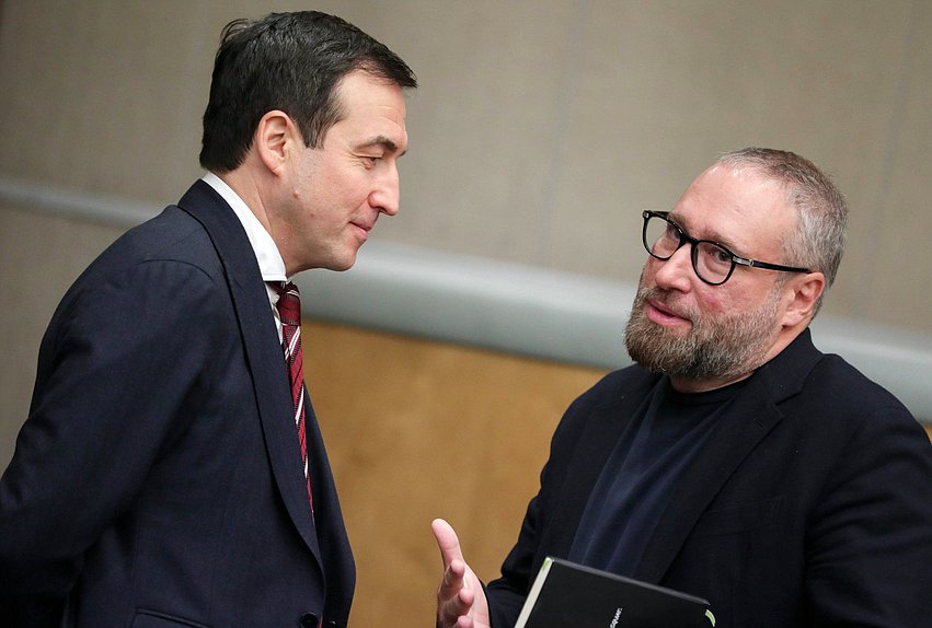 Первый заместитель Председателя Комитета по контролю Дмитрий Гусев и заместитель Председателя Комитета по информационной политике, информационным технологиям и связи Антон Горелкин