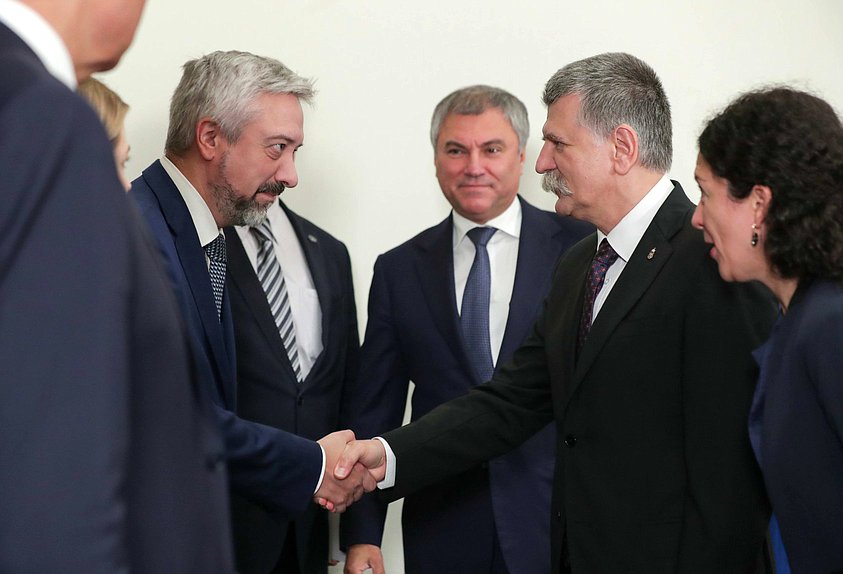 Member of the Committee on International Affairs Evgenii Primakov, Chairman of the State Duma Viacheslav Volodin and Speaker of the National Assembly of Hungary László Kövér