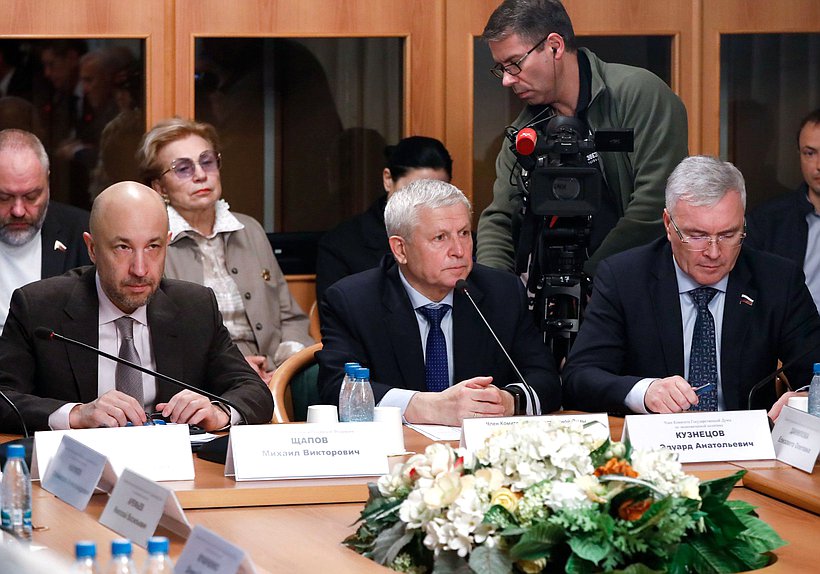 Аудитор Счетной палаты РФ Михаил Щапов и члены Комитета по экономической политике Виктор Кидяев и Эдуард Кузнецов