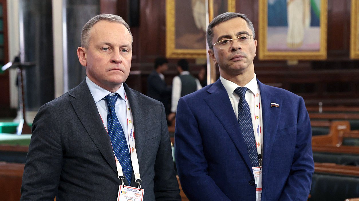 Chairman of the Committee on Digital Development and Artificial Intelligence Alexander Sidyakin and Chairman of the Committee on Industry and Trade Vladimir Gutenev. The 12th International BRICS Parliamentary Forum