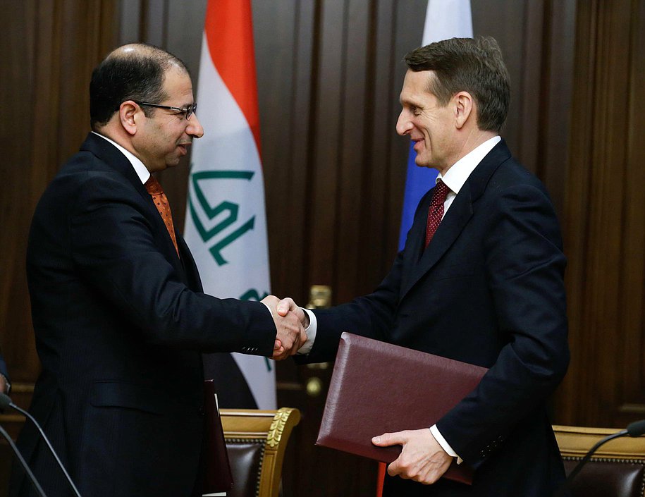 Встреча Председателя Государственной Думы Федерального Собрания Российской Федерации С.Е. Нарышкина с Председателем Палаты депутатов Республики Ирак С.А.Аль Джаббури.