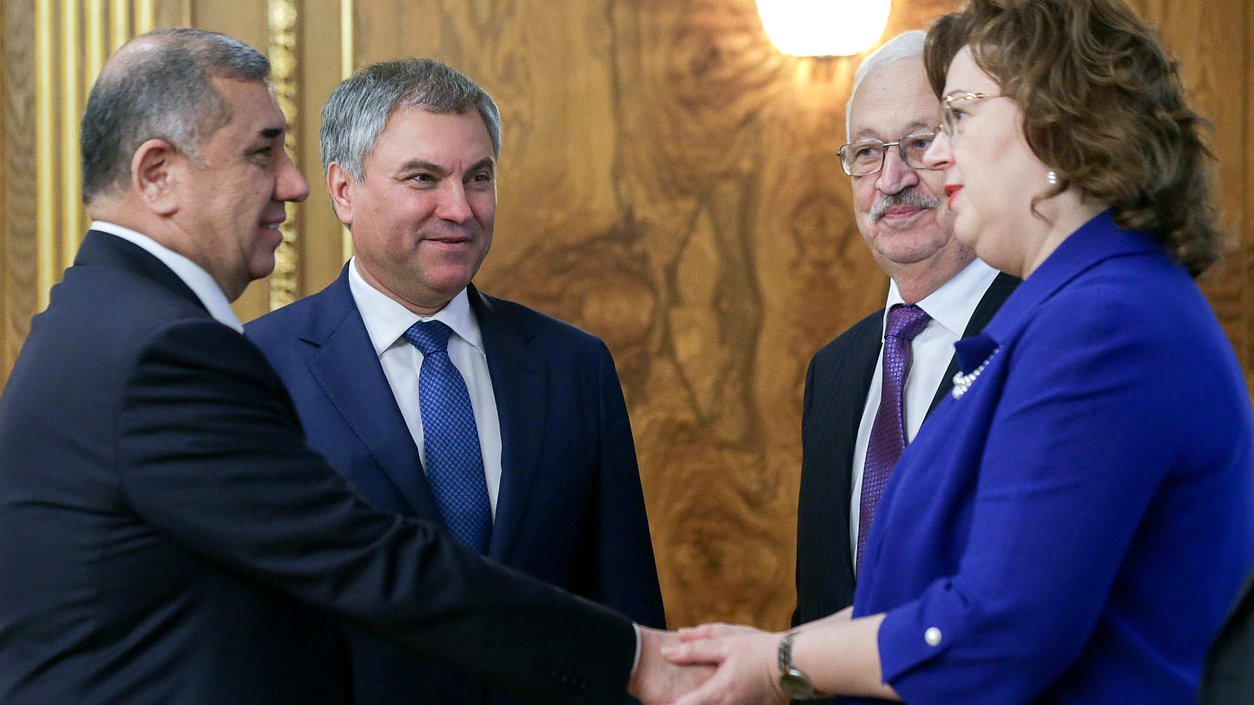 Chairman of the State Duma Viacheslav Volodin, Chairman of the Senate of the Oliy Majlis of the Republic of Uzbekistan Nigmatilla Yuldashev and Deputy Speaker of the State Duma Olga Epifanova