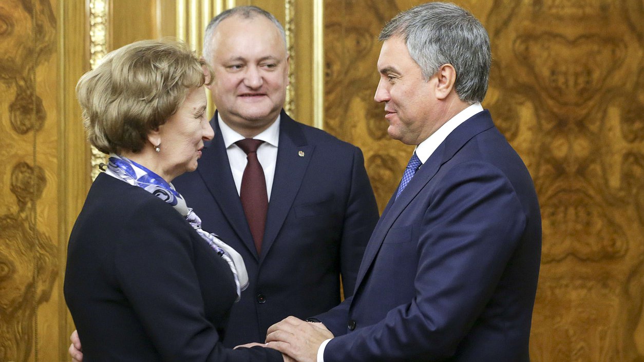 Leader of the Party of Socialists of the Republic of Moldova Zinaida Greceanîi, President of the Republic of Moldova Igor Dodon and Chairman of the State Duma Viacheslav Volodin