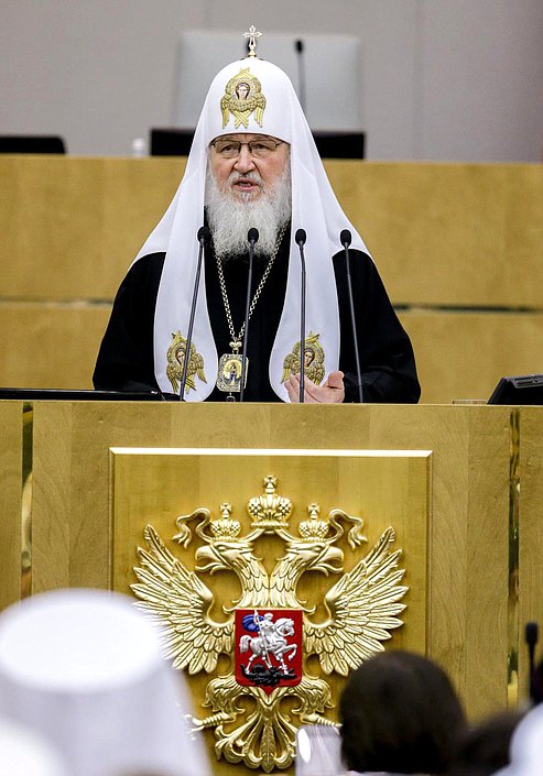 Патриарх Московский и всея Руси Кирилл во время выступления в рамках открытия V Рождественских Парламентских встреч. Фото: Анна Исакова/Фотослужба Государственной Думы