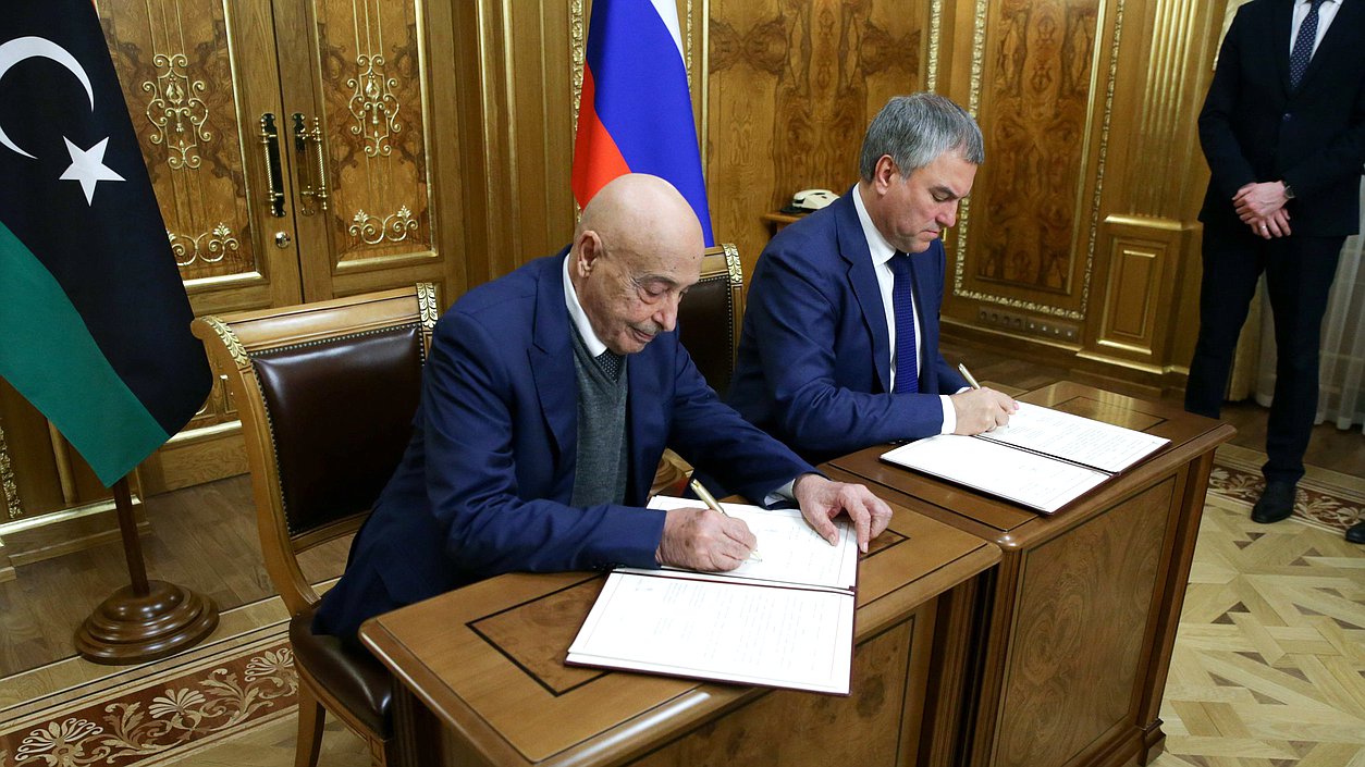Chairman of the State Duma Viacheslav Volodin and Chairman of the House of Representatives of Libya Aguila Saleh