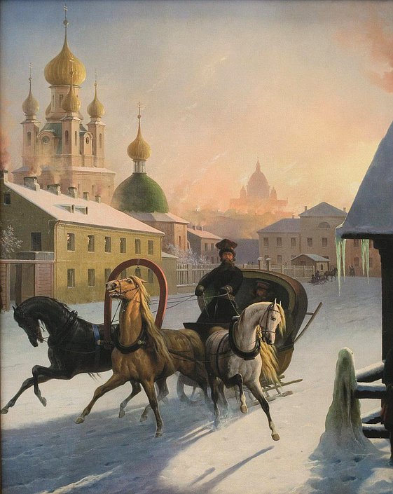 Открытие фотовыставки на тему "Сохранение и пропаганда национальных символов России- орловского рысака и русской тройки". "Тройка в санях на улице Петербурга" К.К. Гампельн, 1850г. Музей коневодства РГАУ-МСХА им. К.А. Тимирязева.