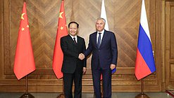 Chairman of the State Duma Vyacheslav Volodin and Vice Chairman of the Standing Committee of the National People's Congress Peng Qinghua