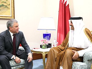Chairman of the State Duma Viacheslav Volodin and Emir of Qatar Sheikh Tamim bin Hamad Al Thani
