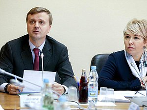 Председатель Комитета по федеративному устройству и вопросам местного самоуправления Алексей Диденко и Первый заместитель председателя Комитета по федеративному устройству и вопросам местного самоуправления Ирина Гусева на заседании Комитета