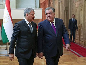 Chairman of the State Duma Viacheslav Volodin and President of the Republic of Tajikistan Emomali Rahmon