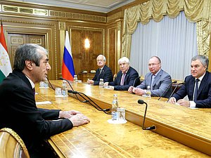 Chairman of the State Duma Viacheslav Volodin with Chairman of the Majlisi Milli of the Majlisi Oli of the Republic of Tajikistan Mahmadsaid Ubaydulloyev