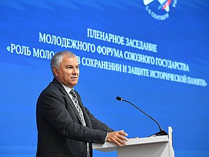 Председатель Государственной Думы Вячеслав Володин. Пленарное заседание Молодежного Форума Союзного государства «Роль молодежи в сохранении и защите исторической памяти»