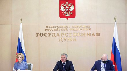 Deputy Chairwoman of the State Duma Irina Iarovaia, Chairman of the State Duma Viacheslav Volodin and Chairman of the Committee on State Building and Legislation Pavel Krasheninnikov