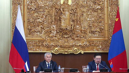 Chairman of the State Duma Vyacheslav Volodin and Chairman of the State Great Khural of Mongolia Gombojavyn Zandanshatar. First meeting of the Commission on Cooperation between the Federal Assembly of the Russian Federation and the State Great Khural of Mongolia