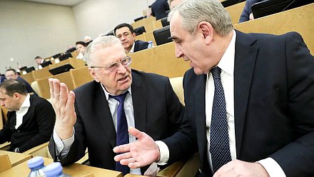 Руководитель фракции ЛДПР Владимир Жириновский и заместитель Председателя Государственной Думы Сергей Неверов