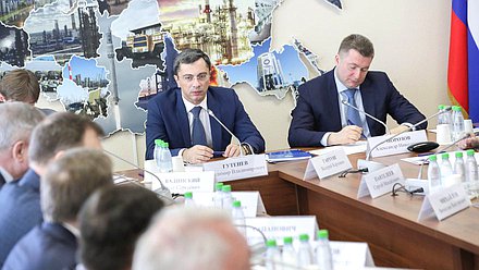 Первый заместитель Председателя Комитета по экономической политике, промышленности, инновационному развитию и предпринимательству Владимир Гутенев и заместитель Министра промышленности и торговли РФ Александр Морозов