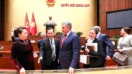 Chairwoman of the National Assembly of the Socialist Republic of Vietnam Nguyễn Thị Kim Ngân and Chairman of the State Duma Viacheslav Volodin