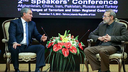 Chairman of the State Duma Viacheslav Volodin and Chairman of the Islamic Consultative Assembly of the Islamic Republic of Iran Ali Ardashir Larijani