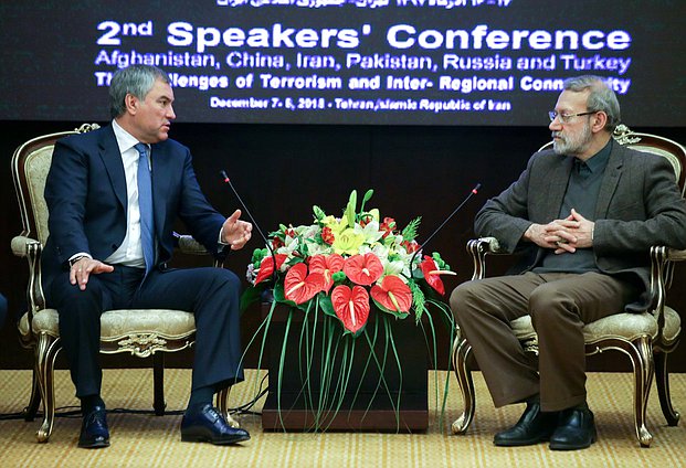 Chairman of the State Duma Viacheslav Volodin and Chairman of the Islamic Consultative Assembly of the Islamic Republic of Iran Ali Ardashir Larijani
