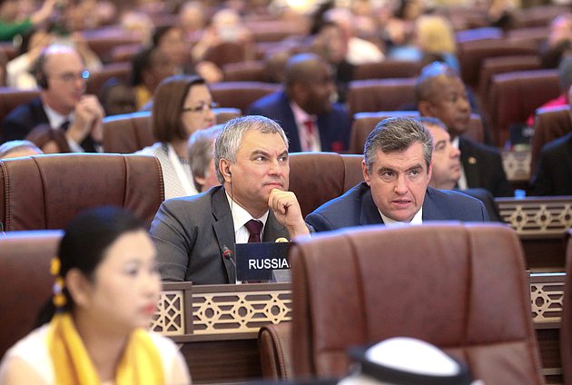 Chairman of the State Duma Viacheslav Volodin and Chairman of the Committee on International Affairs Leonid Slutskiy