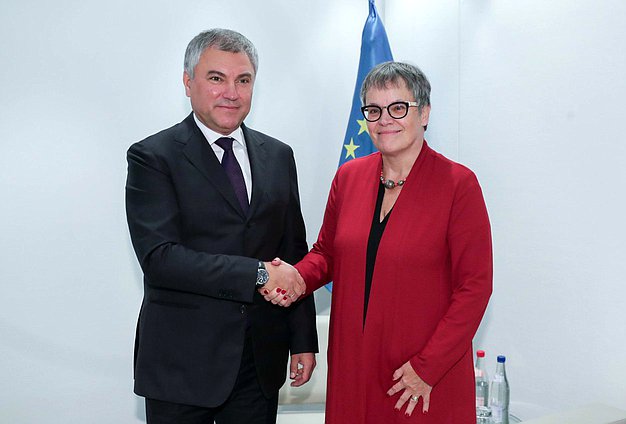 Chairman of the State Duma Viacheslav Volodin and President of the Parliamentary Assembly of the Council of Europe Liliane Maury Pasquier