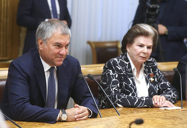 Chairman of the State Duma Viacheslav Volodin and Deputy Chairwoman of the Committee on Federal System and Issues of Local Self-Government Valentina Tereshkova