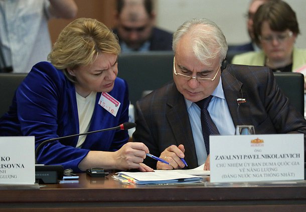 Chairman of the Committee on Energy Pavel Zavalny and Deputy Minister of Energy of the Russian Federation Anastasia Bondarenko. 2nd meeting of the Inter-parliamentary Commission on Cooperation between the State Duma and the National Assembly of Vietnam