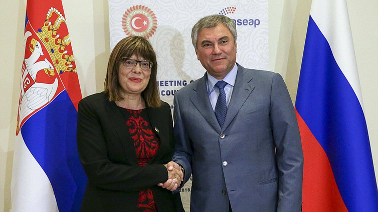 Chairman of the State Duma Viacheslav Volodin and Chairwoman of the Narodna skupština of Serbia Maja Gojković