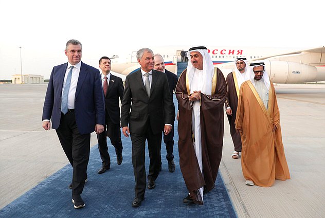 Chairman of the State Duma Vyacheslav Volodin, Speaker of the Federal National Council of the United Arab Emirates Saqr Ghobash and leader of the LDPR faction Leonid Slutsky