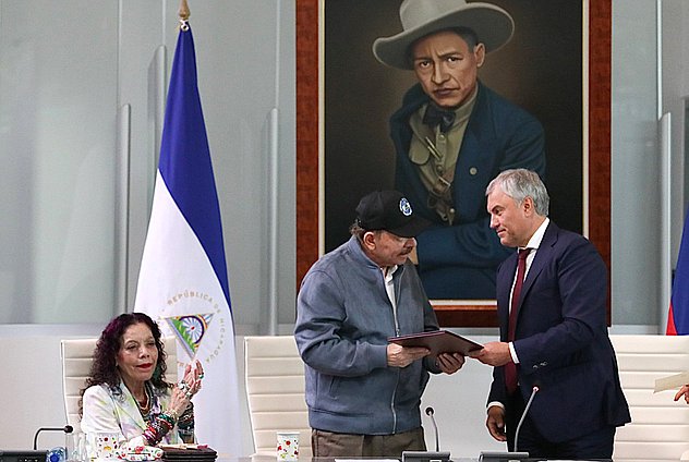Vice President of the Republic of Nicaragua Rosario Murillo Zambrana, President of the Republic of Nicaragua Daniel Ortega Saavedra and Chairman of the State Duma Vyacheslav Volodin
