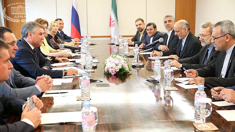 Председатель Государственной Думы Вячеслав Володин и Председатель Собрания Исламского совета Исламской Республики Иран Али Ардешир Лариджани. Автор фото: Анна Исакова/Фотослужба Государственной Думы