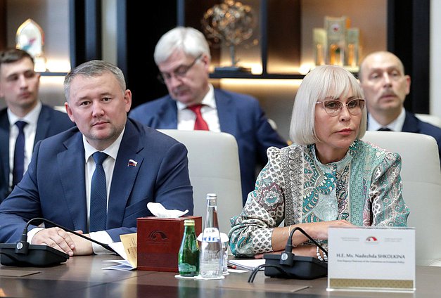 Member of the Committee on Youth Policy Vyacheslav Damdintsurunov and First Deputy Chairwoman of the Committee on Economic Policy Nadezhda Shkolkina