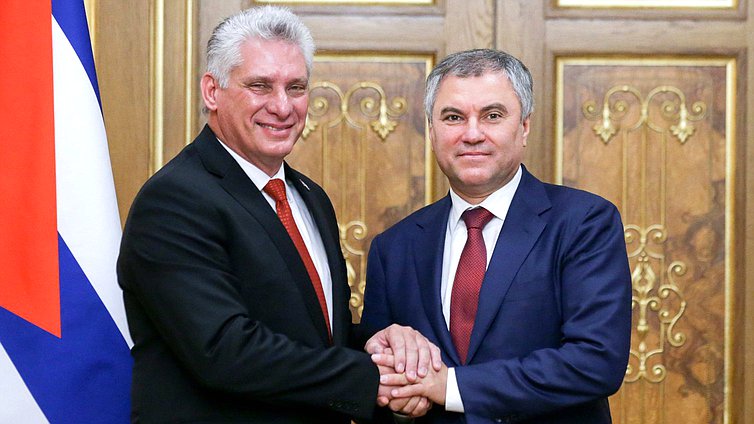 Chairman of the State Duma Viacheslav Volodin and Chairman of the State Council and the Council of Ministers of the Republic of Cuba Miguel Mario Díaz-Canel Bermúdez
