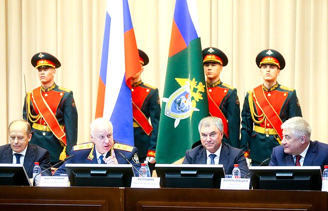 Директор ФСБ Александр Бортников, Председатель Государственной Думы Вячеслав Володин, Председатель Следственного комитета РФ Александр Бастрыкин и Министр внутренних дел РФ Владимир Колокольцев
